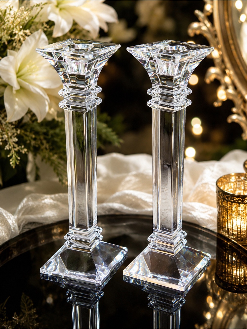 Pair Marquis by Waterford Treviso Lead Crystal Candlesticks 10” Square Art Deco